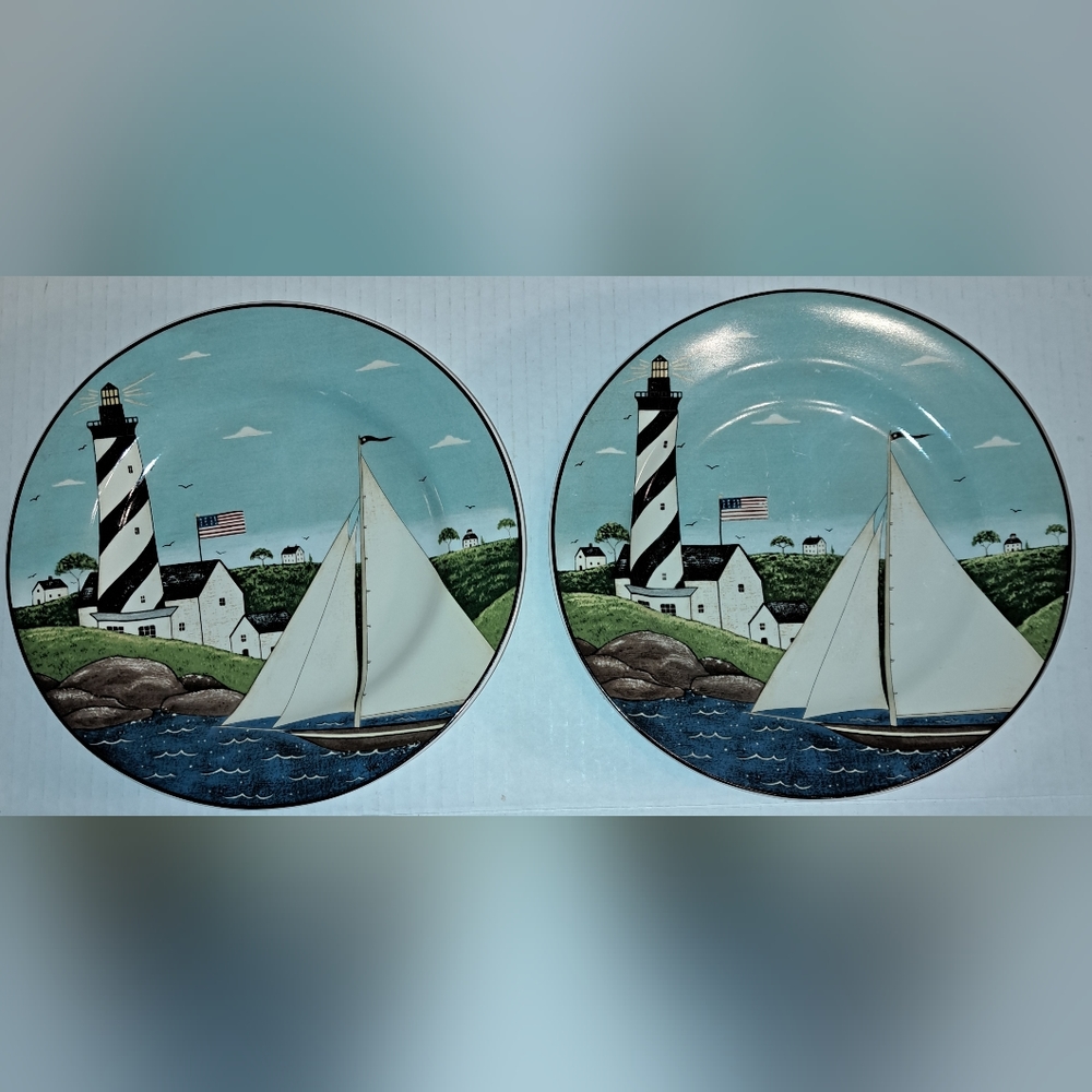 Sakura Warren Kimble Coastal Breeze 8” Salad Plates Set Of 2 Lighthouse Sailboat